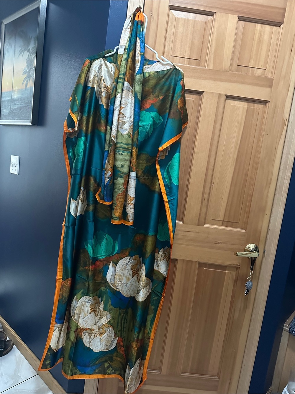 Teal Floral Satin Kaftan with Orange Trim